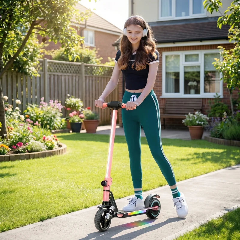 SPORTNOW Folding Electric Scooter for Kids, with Dual Brakes, Front Suspension, LED Colourful Lights, Pink