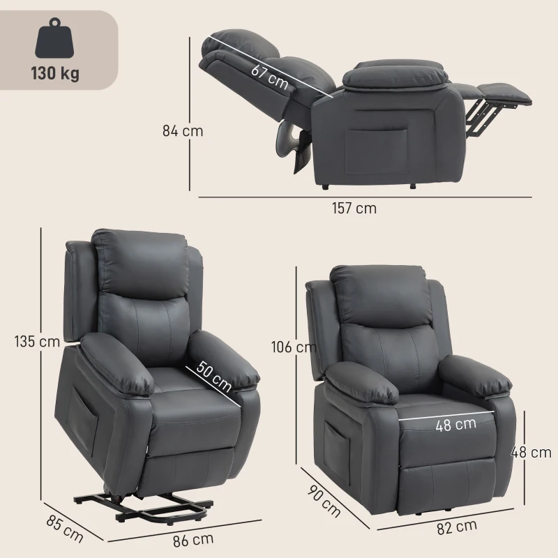 HOMCOM Riser and Recliner Chair with Vibration Massage, PU Leather Power Lift Chair for Elderly, Dark Grey