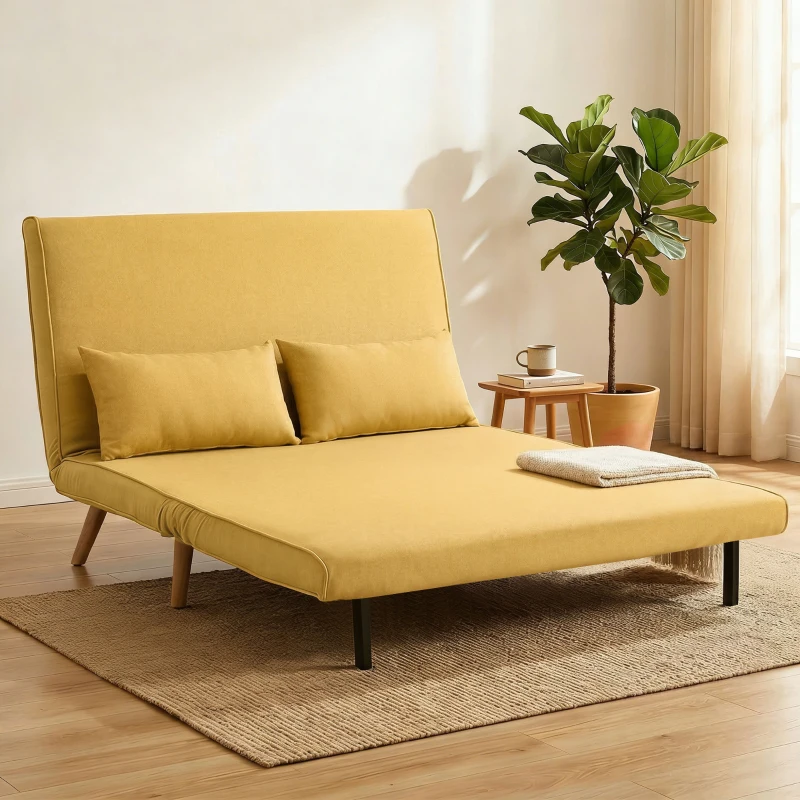 HOMCOM Sofá-Cama de 2 Lugares Dobrável Estofado em Linho com Encosto Ajustável em 5 Posições e 2 Almofadas Amarelo