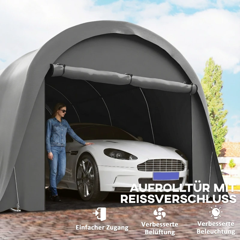 Outsunny Carport Zeltgarage 3x6m Winterfest Wasserdichtes Lagerzelt mit abnehmbaren Seitenwänden großer Rolltor, UPF50+