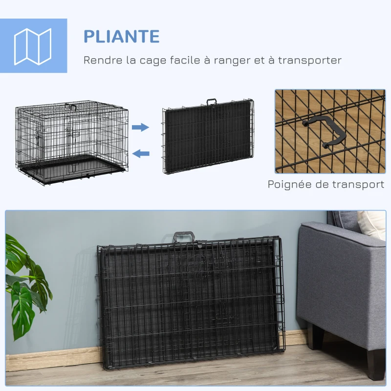 PawHut Cage caisse de transport pliante pour chien en métal noir 92 x 57 x 62,5 cm