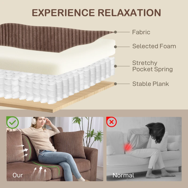 HOMCOM 3 Seater Sofa, 212cm Corduroy Couch with Spring Cushion, Wide and Deep Seat, Plush Backrest, 2 Pillows, Sofa Settee for Living Room, Home Office, Coffee