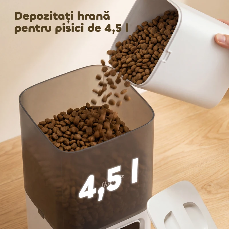 PawHut Distribuitor Automat de Hrană pentru Pisici 4.5L cu Aplicație și Înregistrator Vocal