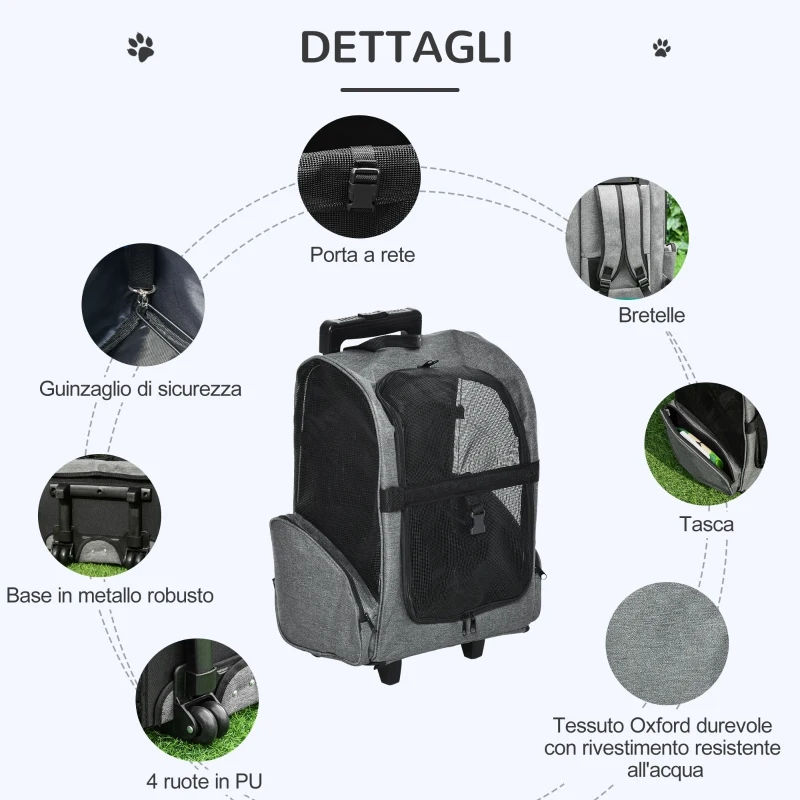 PawHut Trasportino Zaino  2 in 1 per Cani e Gatti con Tasche Laterali, Maniglia Telescopica e Ruote, 42x25x55cm, Grigio
