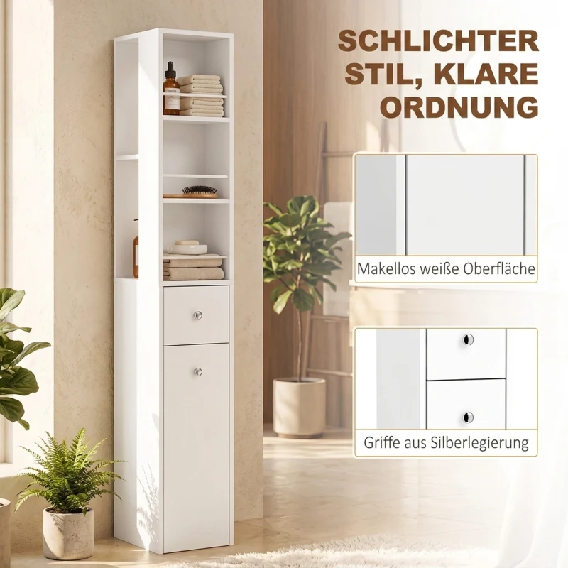 HOMCOM Smalle hoge badkamerkast, 135 cm badkamerkast met 2 lades, wit