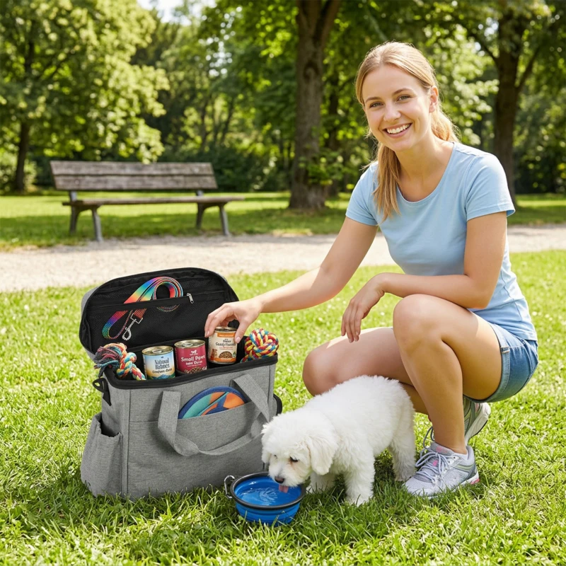 PawHut Dog Travel Bag, Waterproof Walking Bag with Multiple Pockets, Two Food Containers and Collapsible Bowl for Cat Puppy