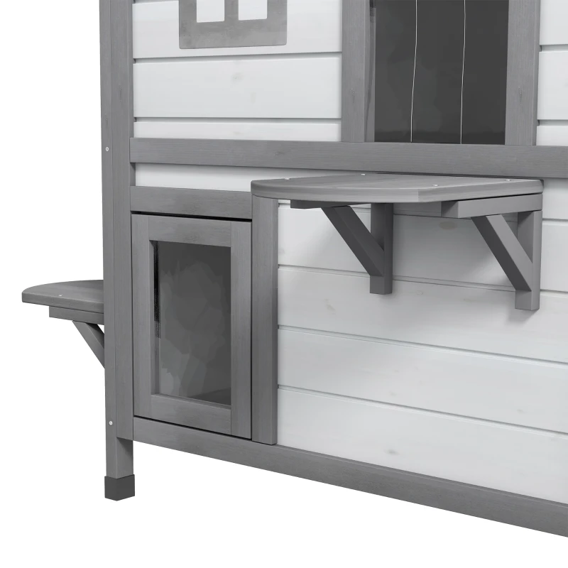 PawHut Kattenhuis Kattenhok Kattenhol, 2 Verdiepingen, weerbestendig, 78,1 cm x 55,2 cm x 90,8 cm, Wit + Grijs