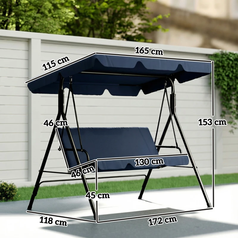 Outsunny Baloiço de Jardim Exterior de 3 Lugares com Toldo Ajustável e Estrutura de Aço 172x118x153 cm Azul-Marinho
