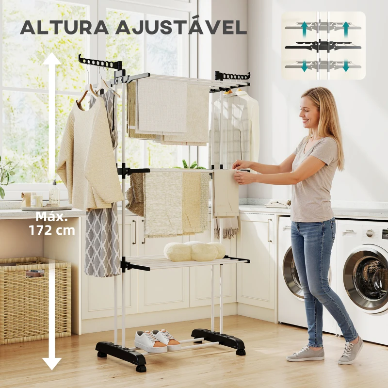 HOMCOM Estendal Dobrável para Roupa com Rodas Estendal Vertical de Aço com 3 Níveis Laterais Dobráveis 73x64x177cm Preto e Branco
