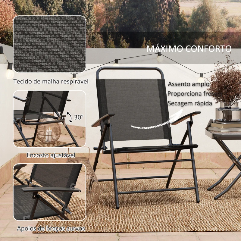 Outsunny Conjunto de Mesa e Cadeiras de 3 Peças Móveis de Jardim Dobráveis com Encosto Ajustável e Bancada de Vidro Preto