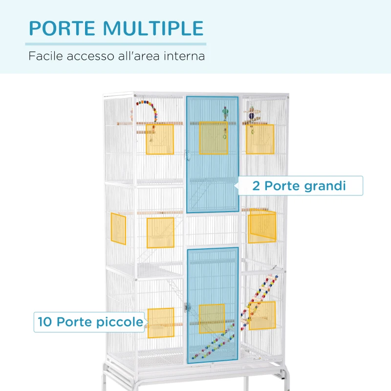 PawHut Gabbia per Uccelli in Acciaio e PP con Posatoi, Giochi, Contenitori per Cibo e Vassoio, 83x53x180 cm, Bianco