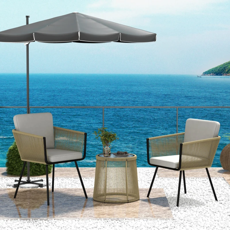 Outsunny Set da Esterno con Tavolino in Vetro e 2 Sedie da Giardino in Rattan Stile Boho, Caffè