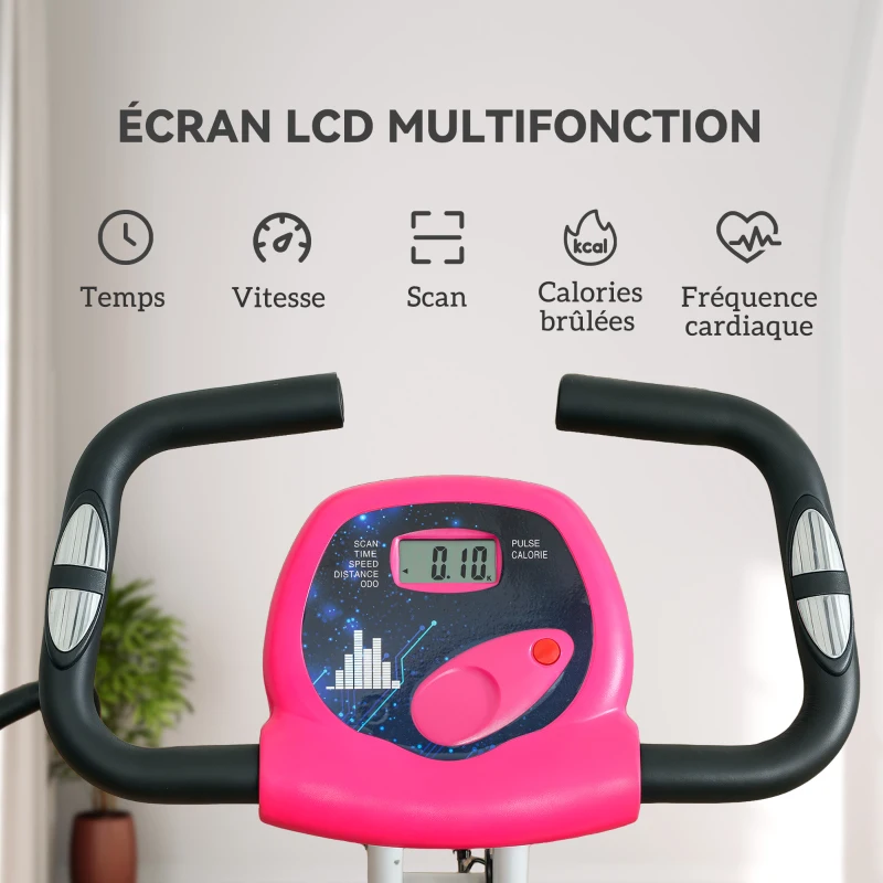Vélo d'appartement pliable - Collaboration Aosom.fr x FFHandball - 8 niveaux de résistance, dossier selle réglable, rose