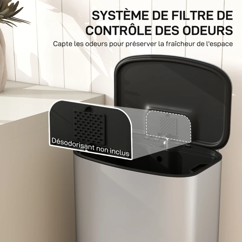 HOMCOM Poubelle cuisine 50L, poubelle à pédale, seau intérieur amovible, couvercle à fermeture douce, 45,1x36,5x62,6cm, gris