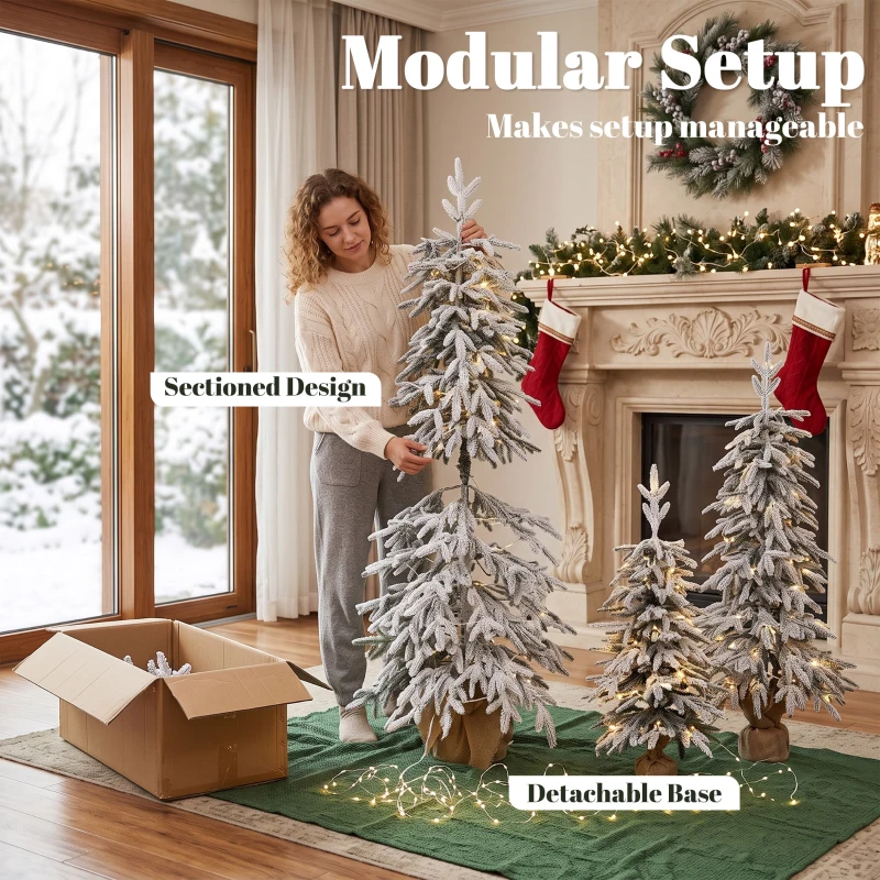 HOMCOM Prelit Flocked Artificial Christmas Tree Set of 3 Snowy Xmas Tree Warm White LED Lights (3FT+4FT+5FT)