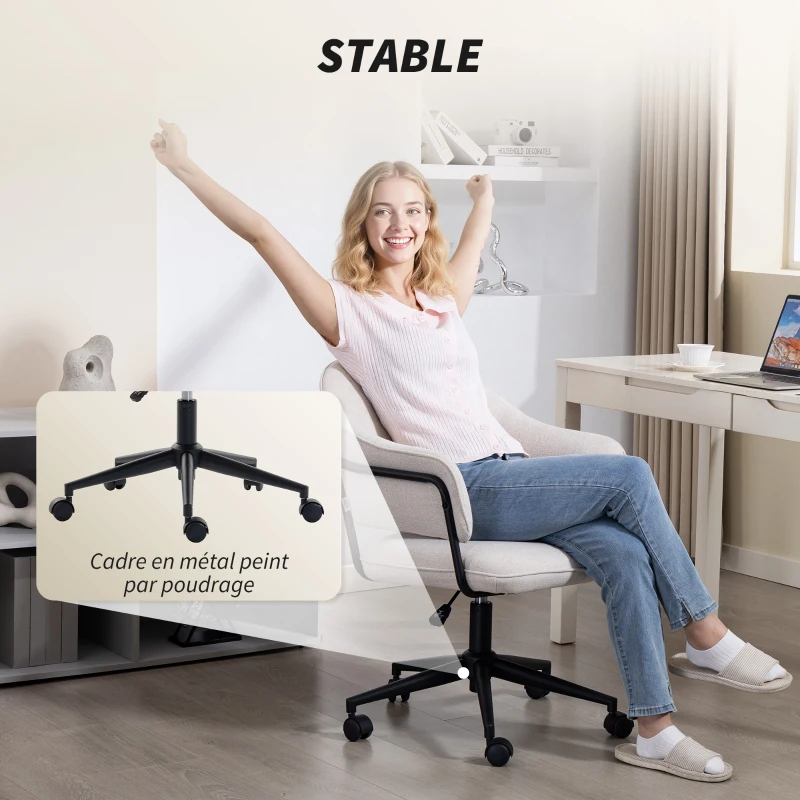 HOMCOM Chaise bureau ergonomique, fauteuil de bureau avec hauteur réglable, pivotant 360°, 63 x 65 x 83-92 cm, crème