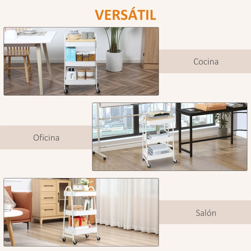 HOMCOM Carrito de Cocina con 3 Cestas de Acero y 1 Placa de Cubierta para Comedor Sala Baño 45x31x79,4 cm Blanco