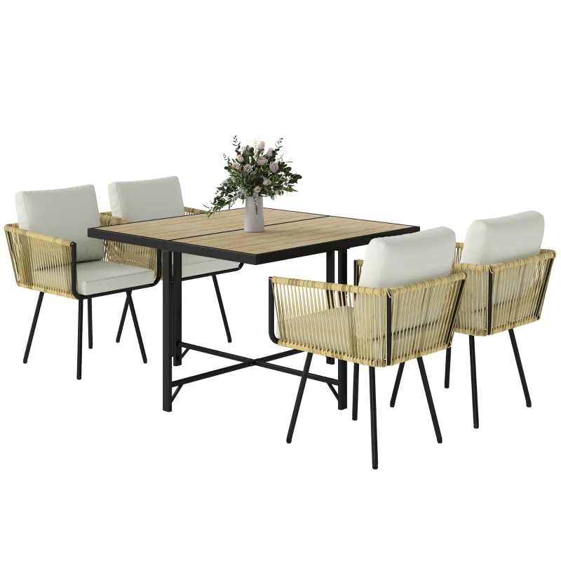 Outsunny 5 Piece Garden Furniture Set, Garden Dining Set with Wood-Plastic Table and 4 Armchairs, Beige