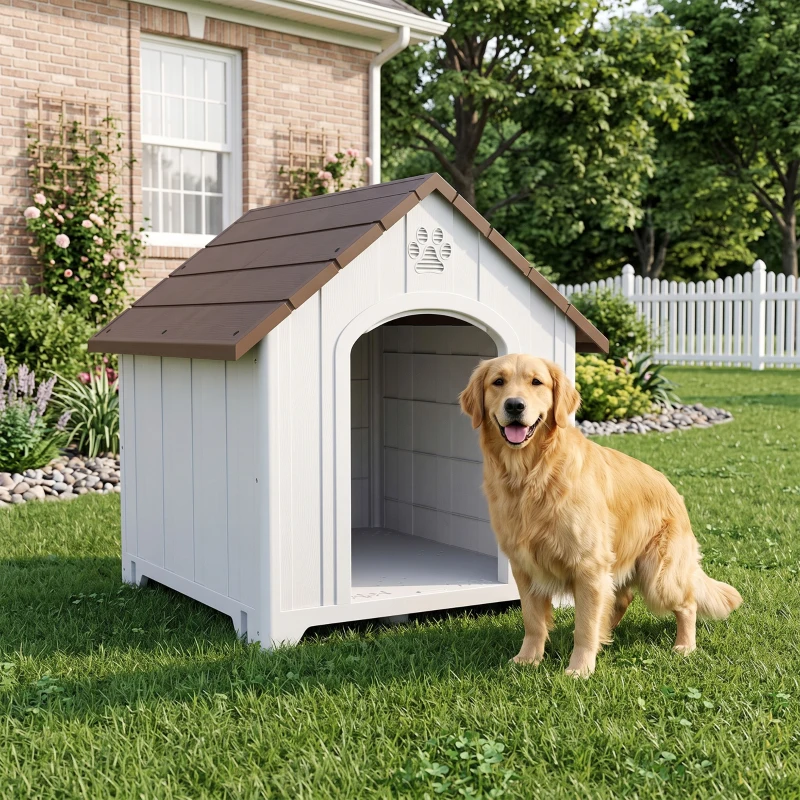 PawHut Casota para Cães Exterior Extragrande em Plástico com 2 Janelas, Base Elevada, Estacas Castanho Escuro