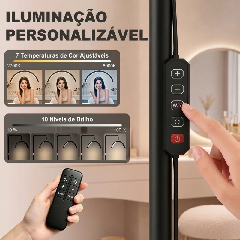 HOMCOM Candeeiro de Pé Meia Lua  com Cabeça Giratória 350° 7 Temperaturas de Cor Brilho Ajustável Suporte para Telemóvel Preto