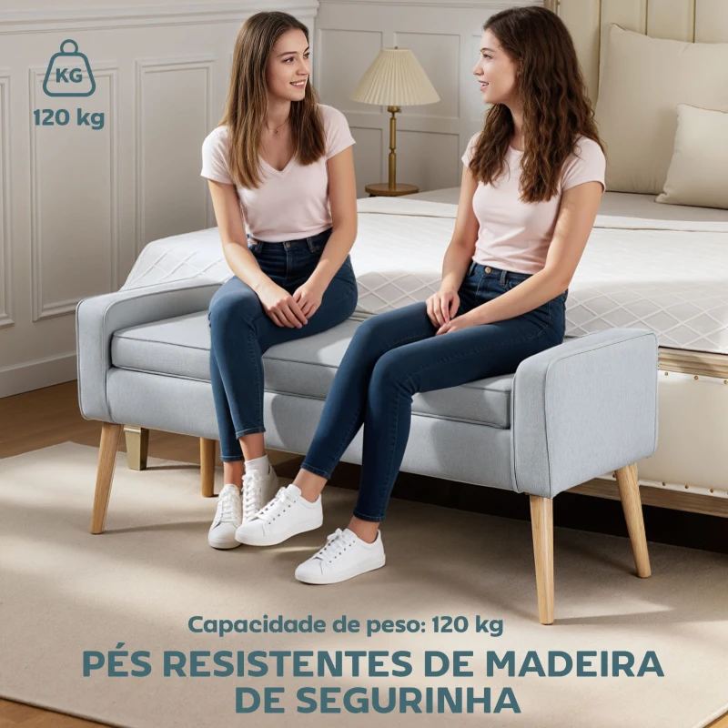 HOMCOM Banco de Armazenamento Estofado em Linho com Tampa Abatível e Pés de Madeira 120x45x54 cm Cinza Claro