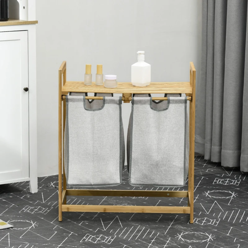 HOMCOM Cesto de Roupa de Bambu Cesto de Roupa Suja com 2 Bolsas Amovíveis e 2 Prateleiras para Casa de Banho 64x33x73 cm Madeira