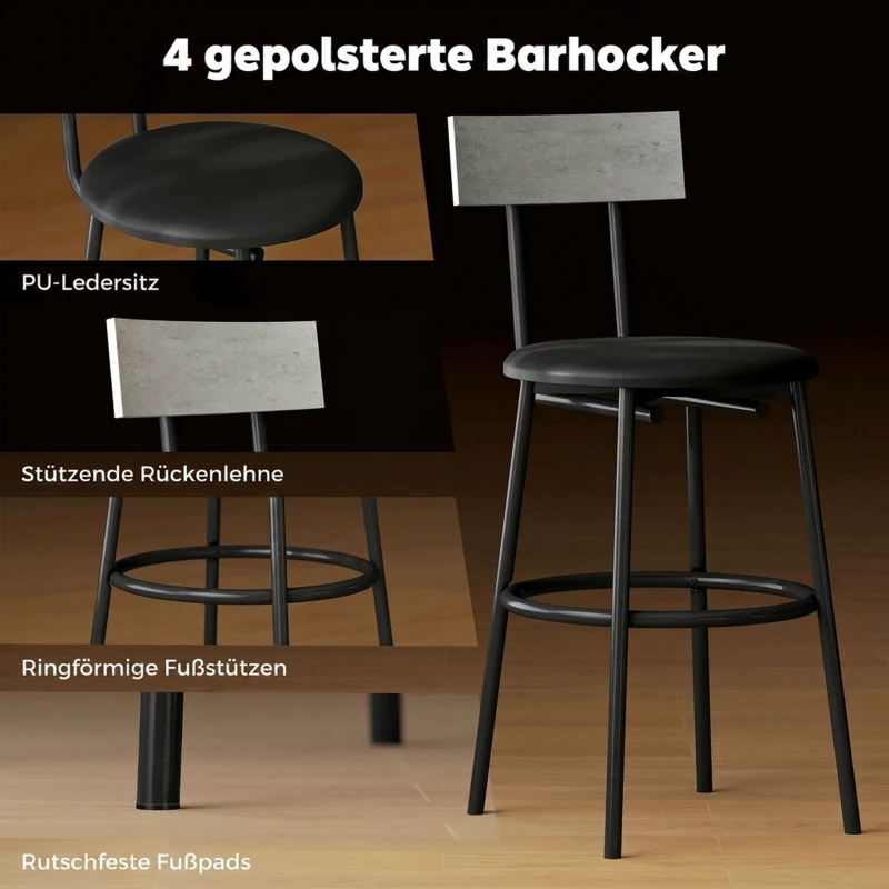HOMCOM 5-teiliges Bartisch-Set mit 4 Stühlen, Industrielles Design, für Küche, Esszimmer, Stahl, Hellgrau