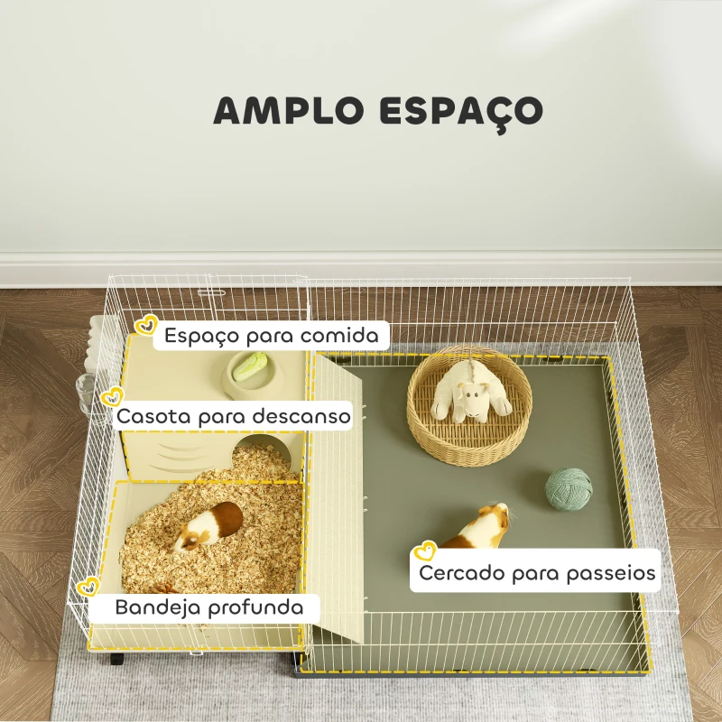 PawHut Gaiola para Animais Pequenos com Parque Desmontável Gaiola para Roedores com Rodas Rampas Bebedouro e Dispensador de Feno 108x71x57 cm Bege