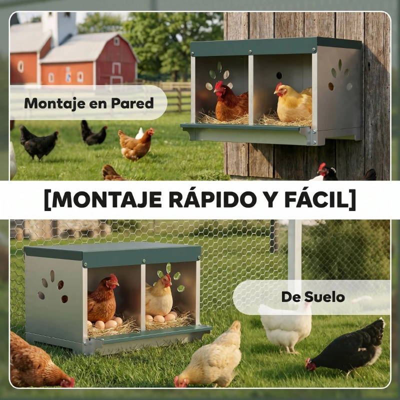 PawHut Ponedero para Gallinas de Acero Galvanizado con 2 Huecos para 2 Gallinas con Techo Impermeable y Ventilación Plateado y Verde