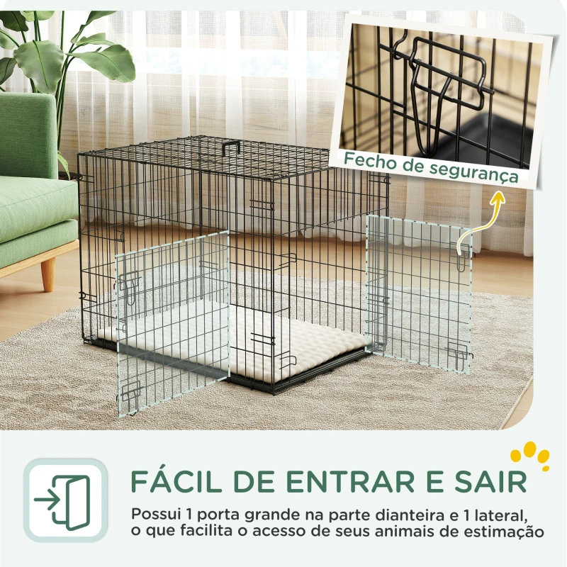 PawHut Gaiola Dobrável para Cães Pequenos com Almofada Portas Bandeja Removível e Estrutura Metálica 75x48,5x53 cm Preto e Bege