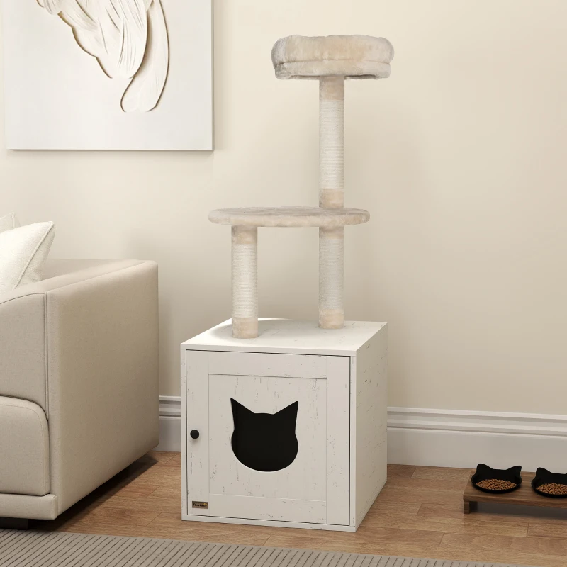 PawHut Arbre à chat avec maison de toilettes, tour de jeu 2-en-1 de 129 cm avec cache-litière, poteaux à griffer, crème