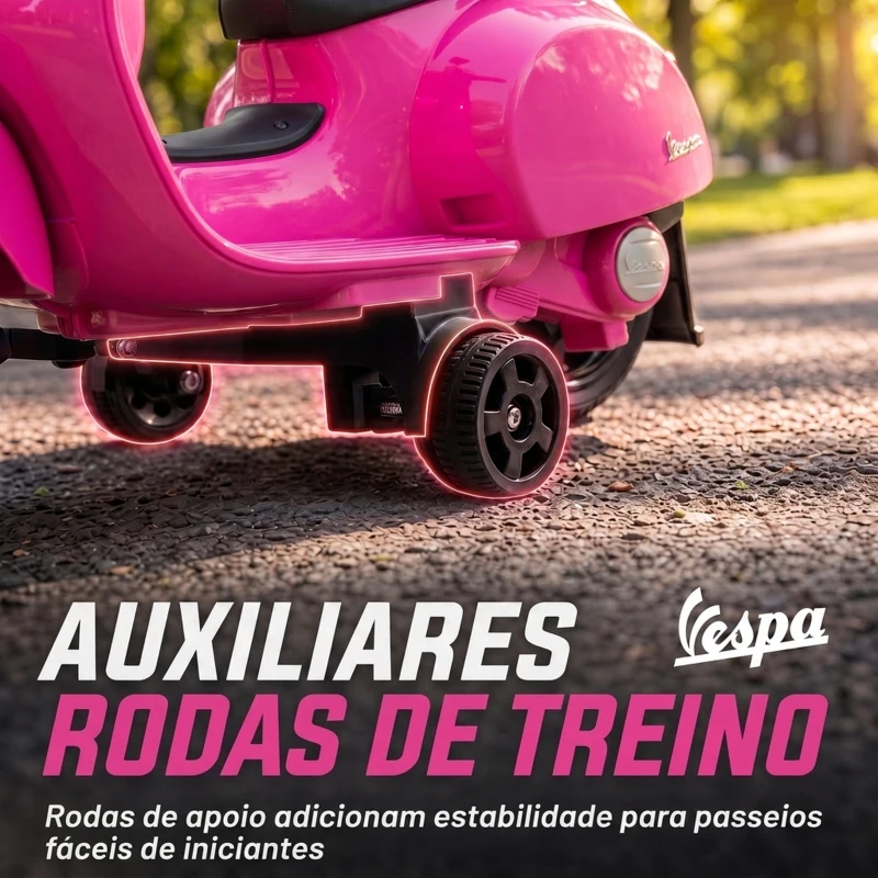 AIYAPLAY Mota Elétrica Infantil com Licença Mini Vespa GTS, 2 Rodas Auxiliares, Bateria de Lítio, Farol, Buzina, Encosto, Rosa
