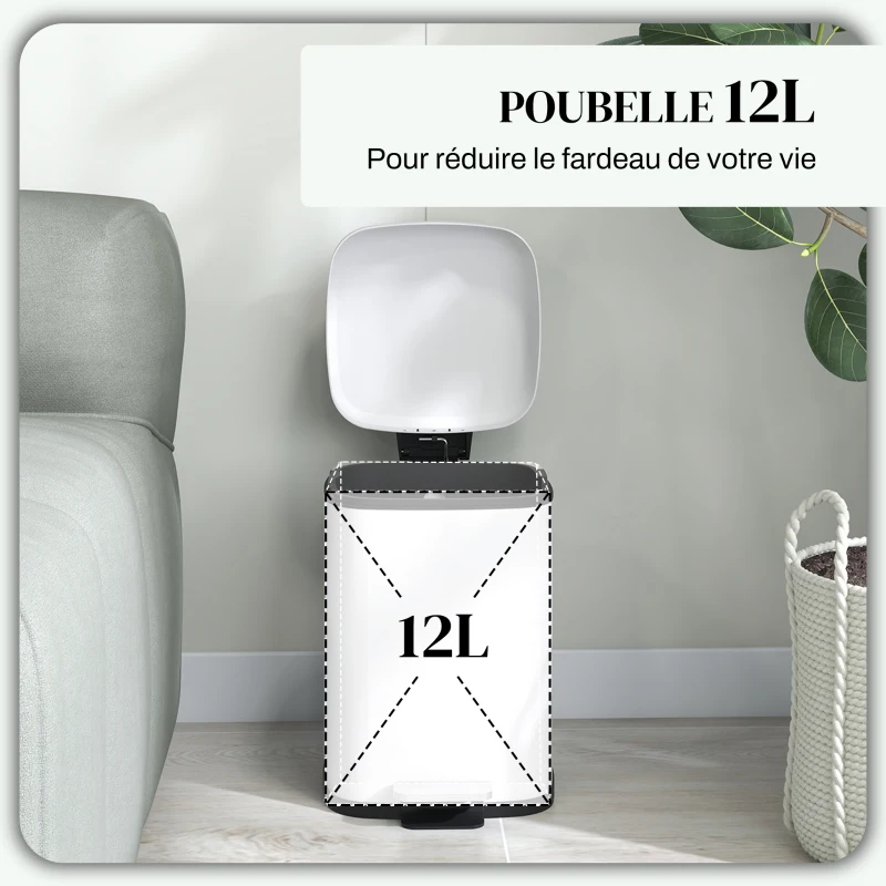 HOMCOM Poubelle de cuisine 12L avec couvercle à fermeture douce et pédale, seau intérieur amovible, 24,5 x 32 x 36,5 cm, blanc