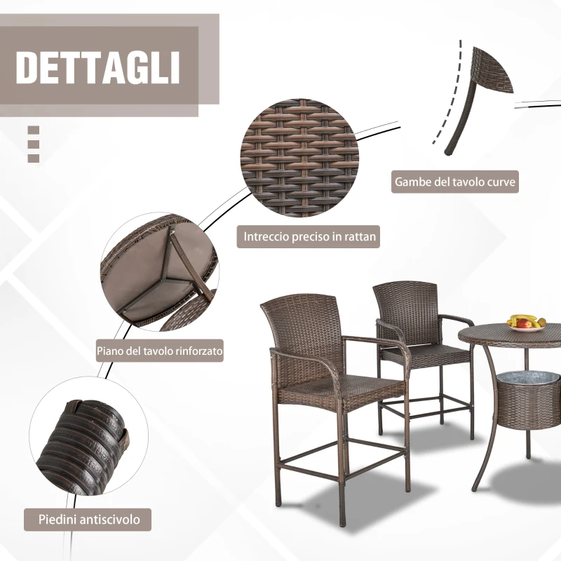Outsunny Set 5 Pezzi Tavolino con 4 Sedie da Giardino Alte in Rattan Sintetico con Secchiello per Ghiaccio, Marrone