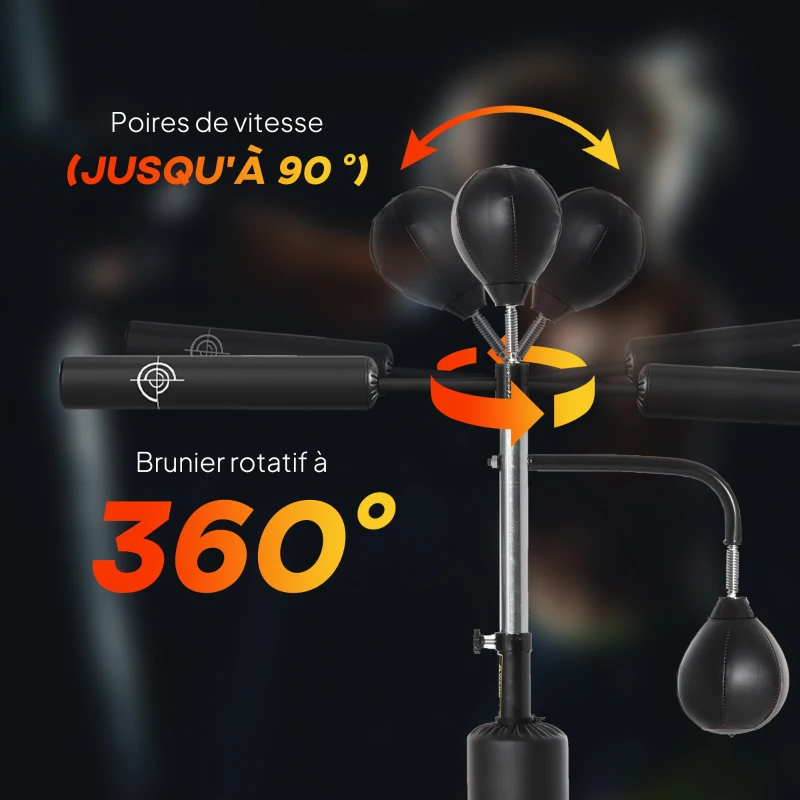 HOMCOM Sac de frappe sur pied 4 en 1, punching ball autonome 2 balles de vitesse barre rotative 360° hauteur réglable 160-230 cm, sac de boxe pour adultes, pour Boxe Muay Thaï Taekwondo, noir