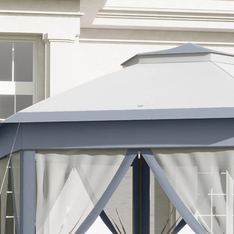 Outsunny Tenda Dobrável 4x3,4 m Tenda de Jardim Hexagonal com Duplo Tecto 6 Mosquiteiras Destacáveis e Saco de Transporte Cinzento