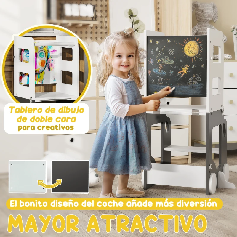 AIYAPLAY Torre de Aprendizaje Taburete Infantil con Pizarra Convertible en Mesa y Silla con Diseño de Coche Blanco y Gris