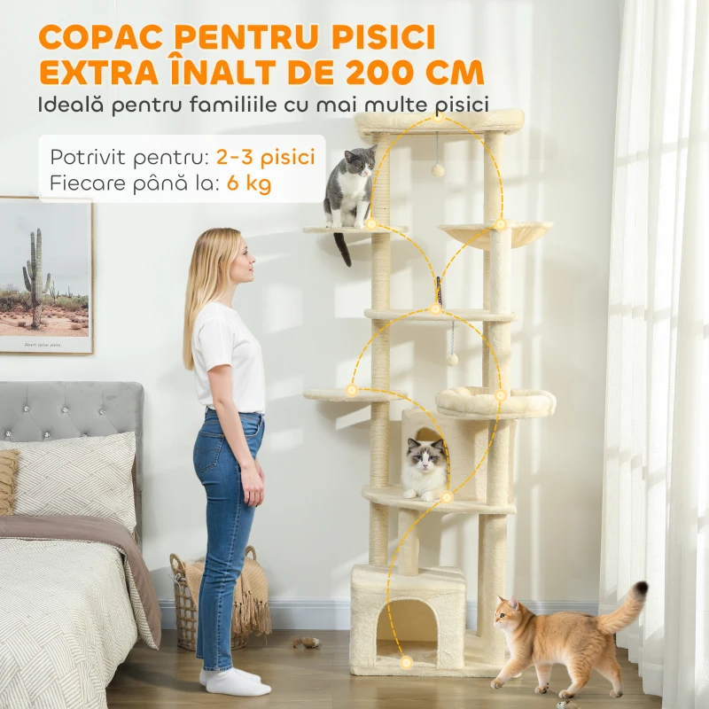 PawHut Arbore pentru Pisici Înalt de 200 cm pe Mai Multe Nivele cu 2 Căsuțe, 2 Paturi și Hamac, Structură pentru 2-3 Pisici, Bej