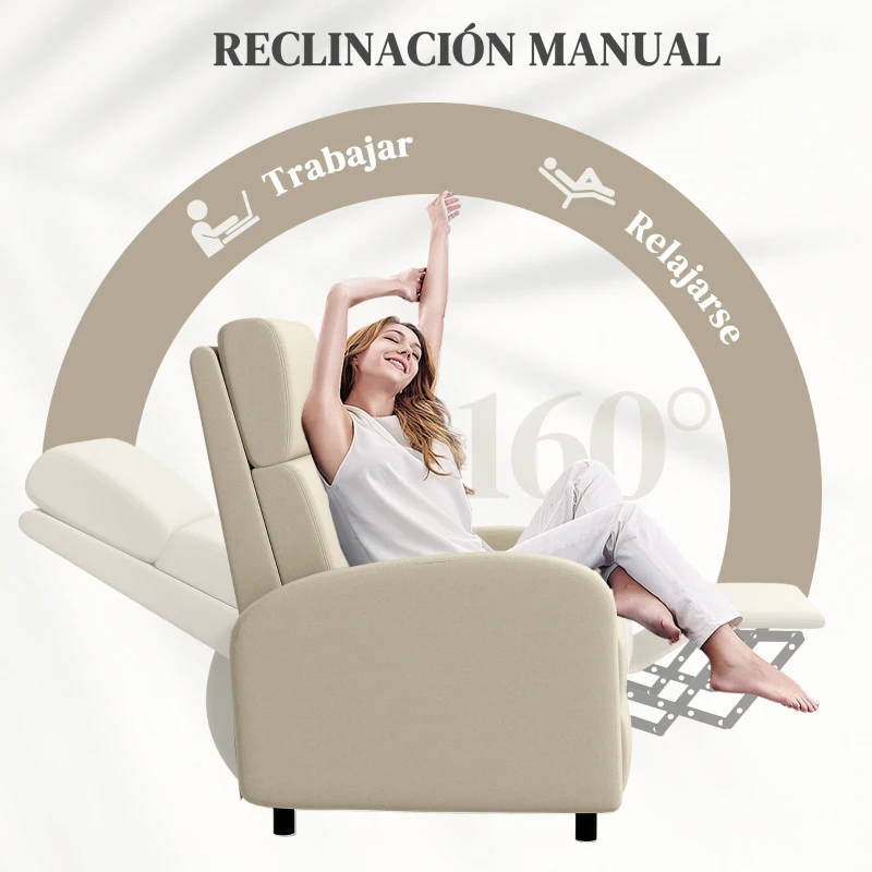 HOMCOM Sillón Relax Reclinable hasta 160° Sofá Reclinable Moderno con Reposapiés Soporta hasta 120 kg 64x86x102 cm Crema
