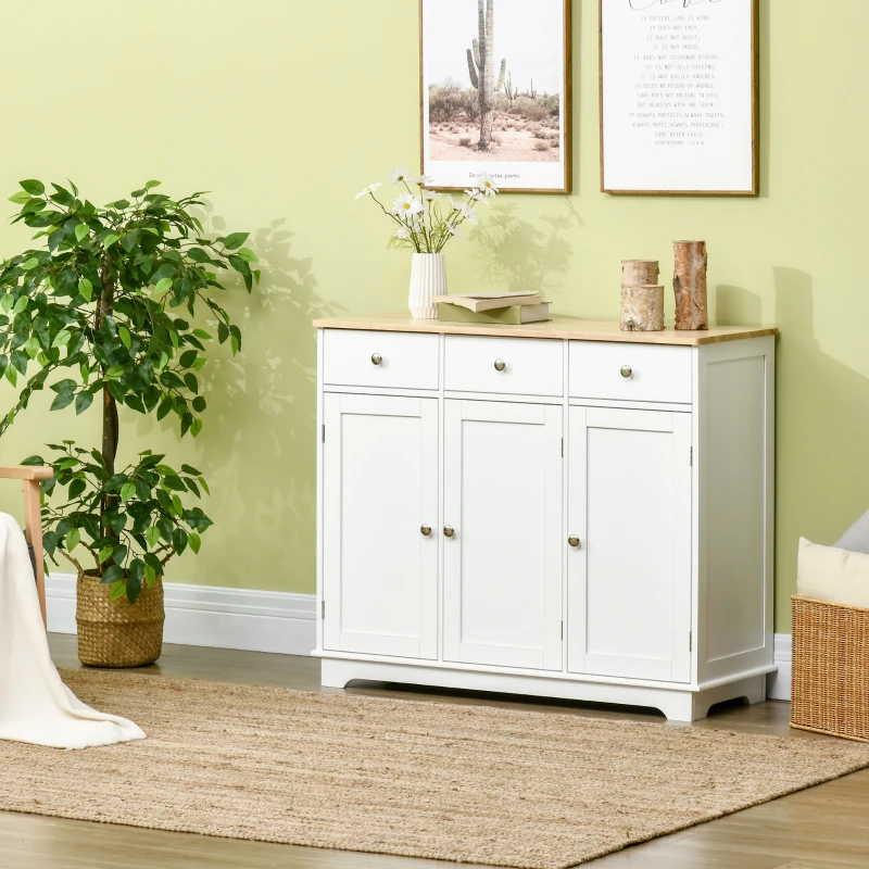 HOMCOM Aparador de Cozinha com 3 Gavetas 3 Portas e Prateleiras Ajustáveis Móvel Auxiliar de Armazenamento 101x40x85cm Branco