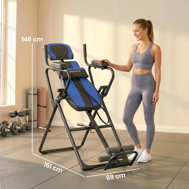 SPORTNOW Tabla de Inversión Plegable con Dominadas y Flexiones Altura Ajustable 155-198 cm Ángulos 20° 40° 60° Cinturón Azul