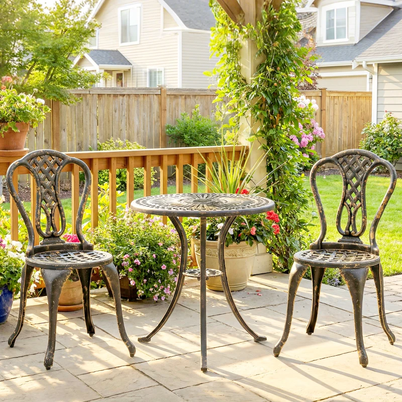 Outsunny 3 Piece Patio Cast Aluminium Bistro Set Garden Outdoor Furniture Table and Chairs Shabby Chic Style, Bronze Tone