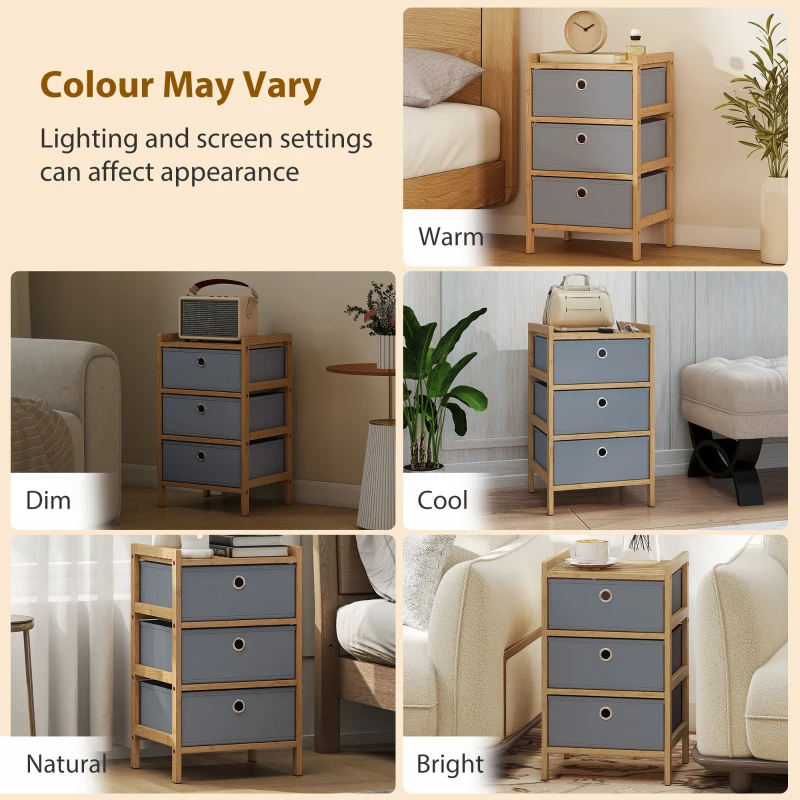 HOMCOM Chest of Drawers, 3 Fabric Drawers Narrow Dresser with Bamboo Frame, Light Grey