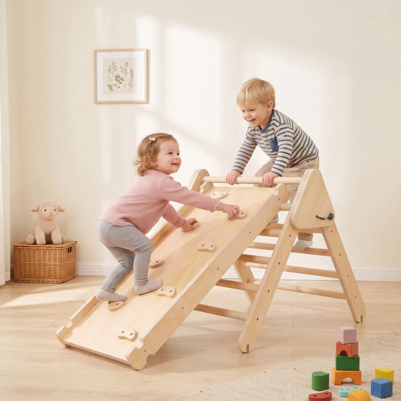 AIYAPLAY Triangle d'escalade, 3 en 1 en bois pour grimper et glisser, charge max. 50 kg, pour 18-48 mois, bois naturel