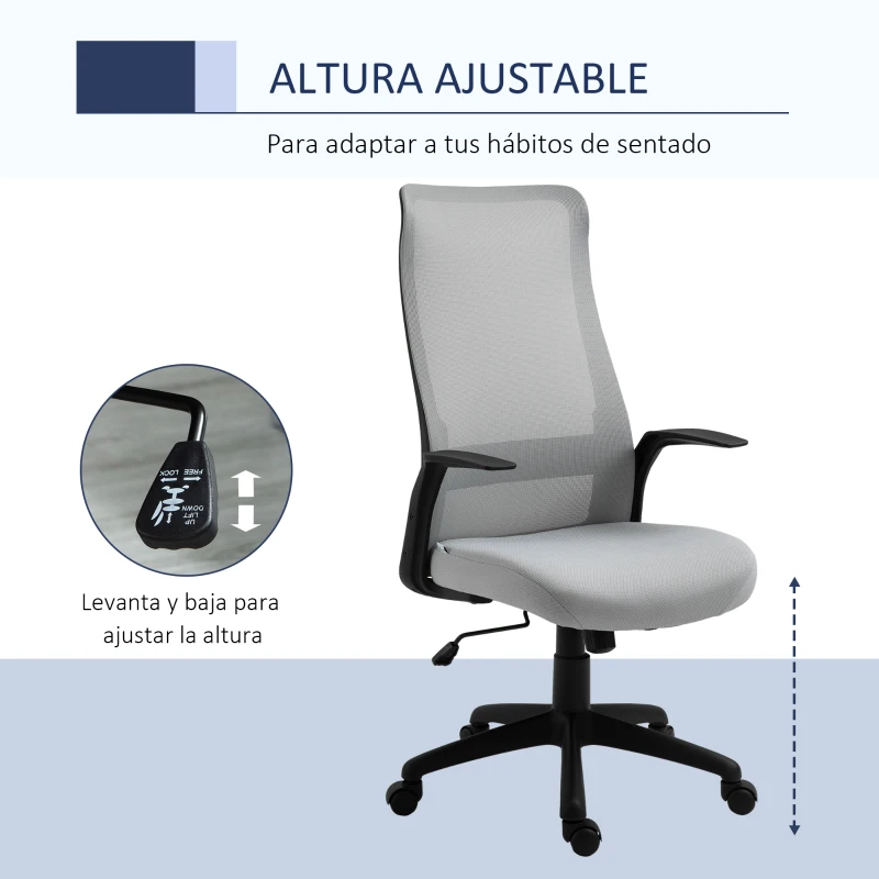 Vinsetto Silla de Oficina Ergonómica Silla Escritorio Giratoria con Altura Ajustable Reposabrazos Soporte Lumbar y Respaldo Alto Transpirable 62x62x113-122 cm Gris