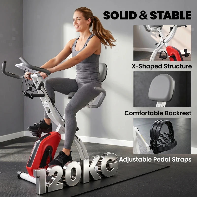 SPORTNOW 4-In-1 Folding Exercise Bike with Resistance Bands, Bluetooth App, 8-Level Magnetic Resistance, LCD Display, Orange