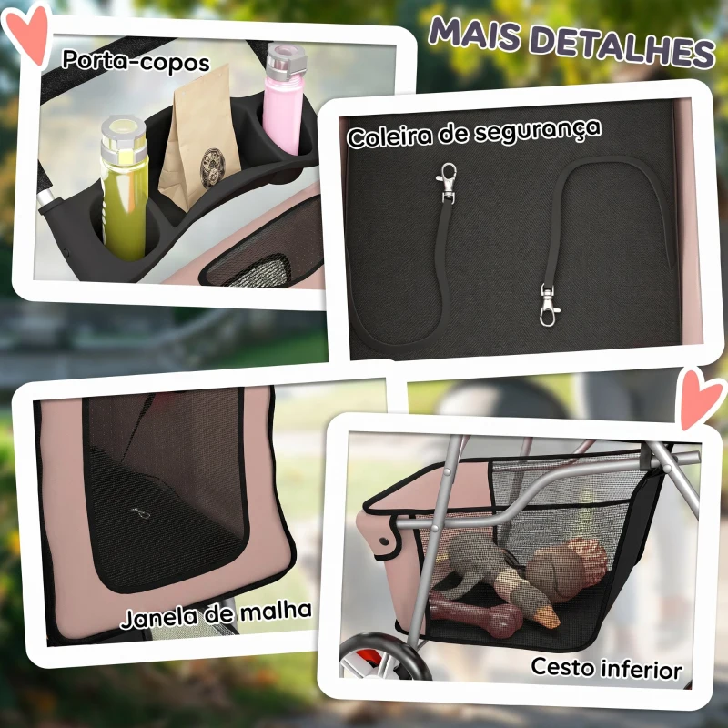 PawHut Carrinho para Cães Pequenos com Cesto de Armazenamento Suporte para Copos Rodas e Almofada Lavável 77x44x102 cm Castanho