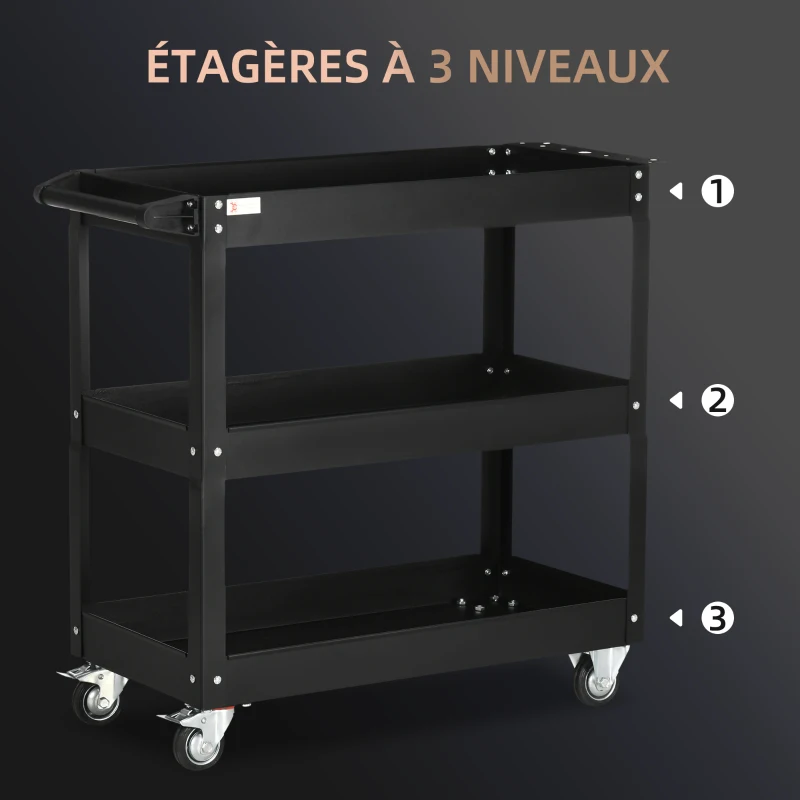 DURHAND Chariot desserte d'atelier acier 3 plateaux sur roulettes avec poignée charge max. 150 kg 83 x 35,3 x 76 cm acier noir