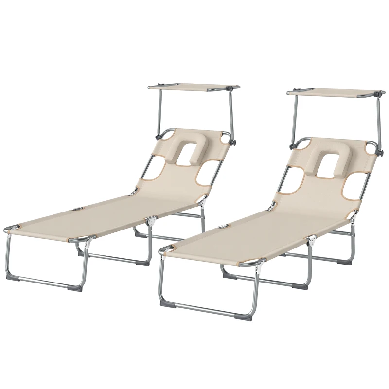 Outsunny Conjunto de 2 Espreguiçadeiras Dobráveis com Dossel 360° Encosto 5 Posições Orifício Facial e Textilene 550 g/m² 188x56x27 cm Bege