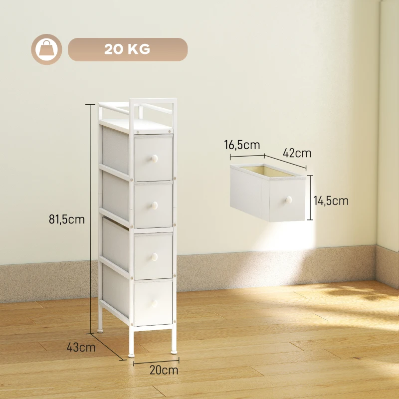 HOMCOM Móvel de Arrumação Estreito com 4 Gavetas de Tecido para Espaços Pequenos 20x43x81,5 cm Branco
